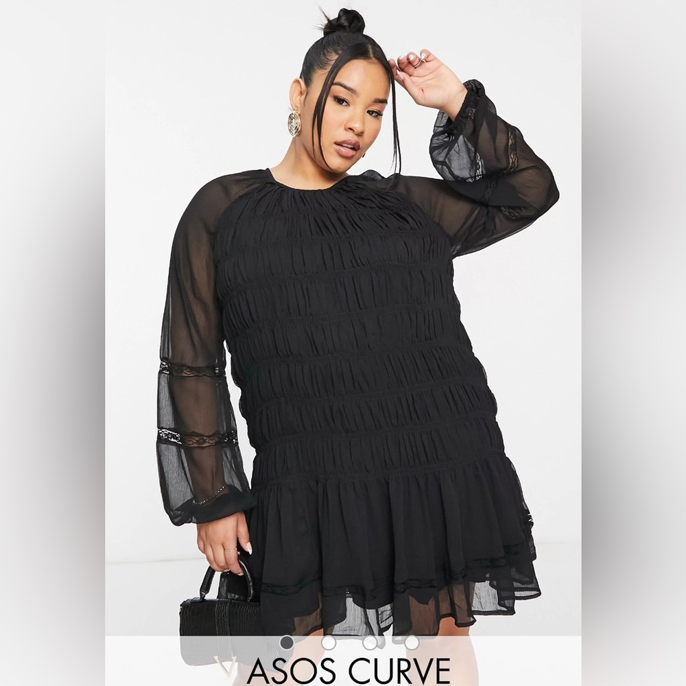 ASOS Curve Lace Insert Ruched Mini Smock Dress - Picture 2 of 8